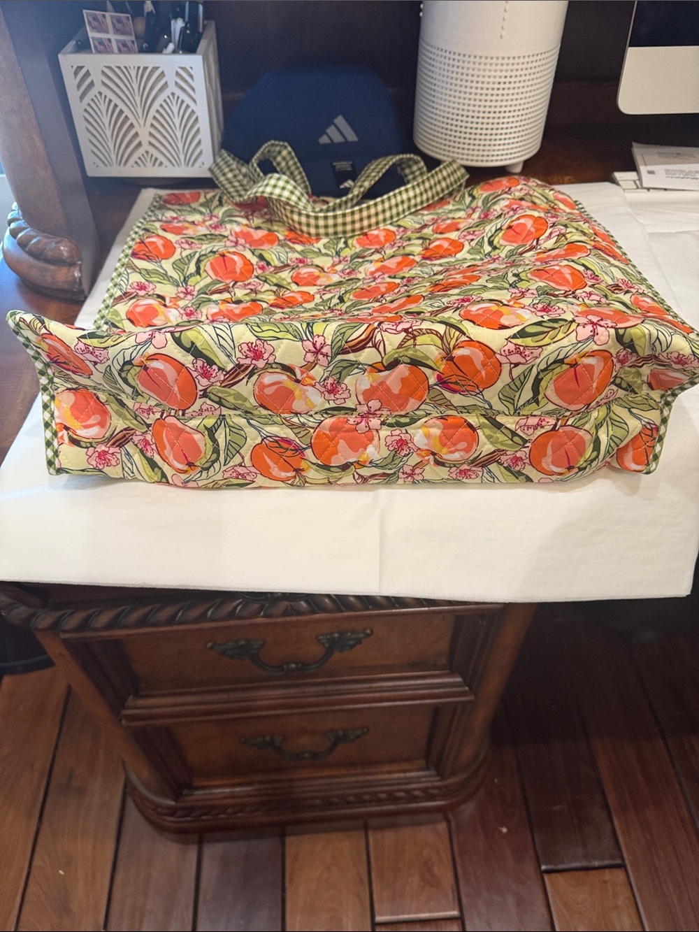 Vera Bradley Peach Floral Quilted Tote with Green Gingham Trim - Picture 5 of 5